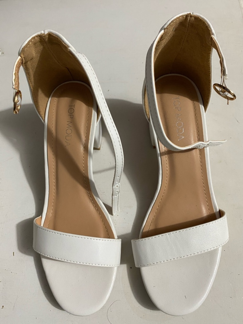 TOP Moda White Ankle-Strap Block Heel Sandals with Gold Buckles